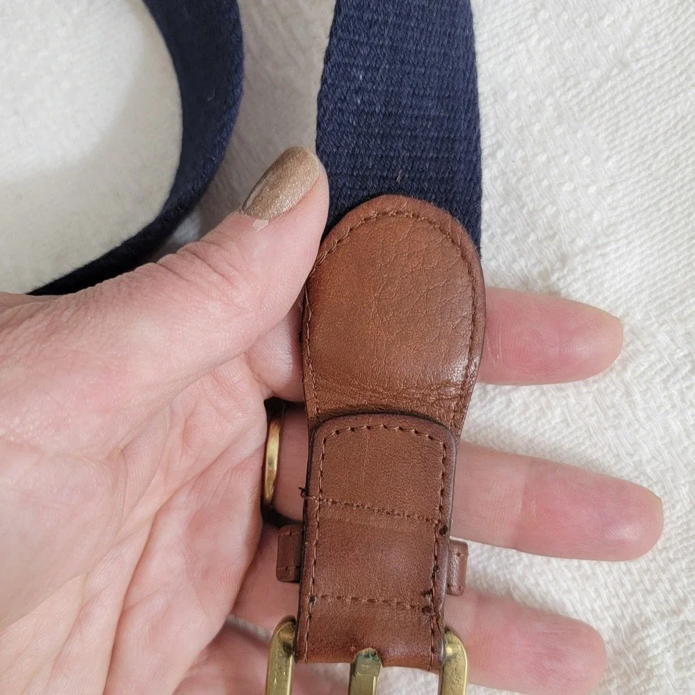 Mens Navy Red Striped Canvas Leather Belt Brass Italy Buckle Size 36 Preppy